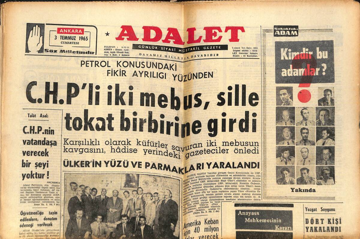 Adalet Gazetesi 3 Temmuz 1963 - CHP'li İki Mebus Sille Tokat Birbirine Girdi - Ülker'in Yüzü Ve Parmakları Yaralandı - Nat King Cole'un Yeni Albümü GZ139563 - 1