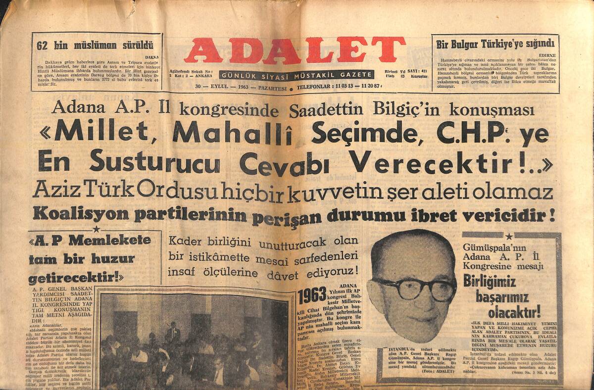 Adalet Gazetesi 30 Eylül 1963 - 62 Bin Müslüman Sürüldü - Bir Skandal Ve Kronoloji - Rus Şilebi Kurtarılıyor - Yunanistan'da Siyasi Kaynaşma GZ139741 - 1