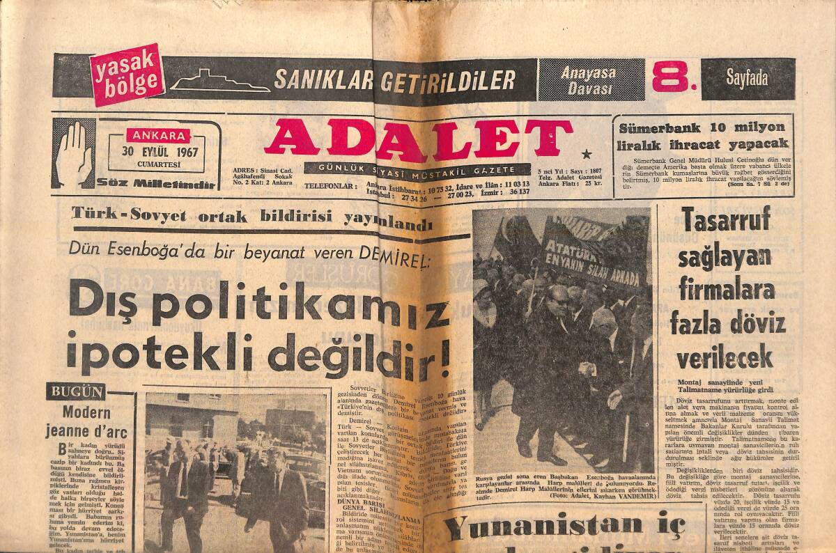 Adalet Gazetesi 30 Eylül 1967 - Solcular Anarşi Yaratıyor! - İngiliz Savunma Bakanı Çoban Kavalı Satın Aldı GZ139486 - 1