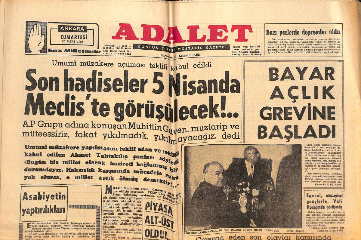 Adalet Gazetesi 30 Mart 1963 - AP'nin Tutumu Tespit Olundu - Üniversiteli Cahillikleri - Umumi Müzakere Açılması Teklifi Kabul Edildi GZ138579 - 1