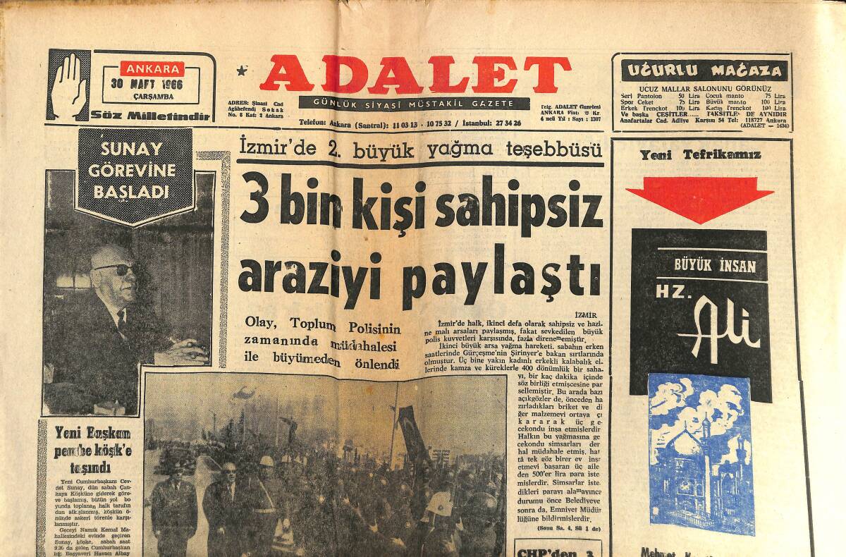 Adalet Gazetesi 30 Mart 1966 - Yeni Başkan Cevdet Sunay Pembe Köşk'e Taşındı! - CHP'DEN 3 Senatör Ve 2 Mebus İstifa Etti! GZ139828 - 1