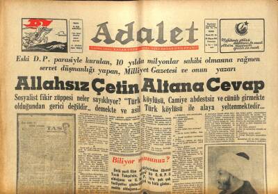 Adalet Gazetesi 30 Mayıs 1963 - Allahsız Çetin Altana Cevap GZ105037 - 1
