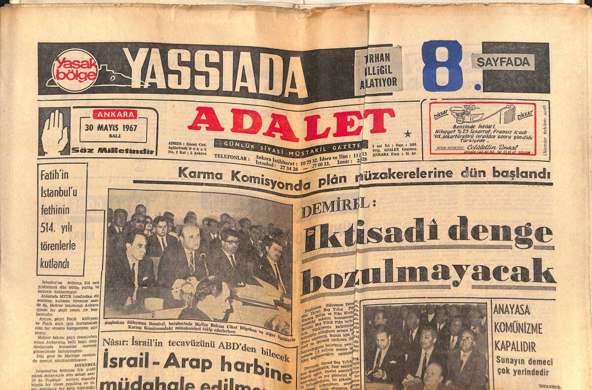 Adalet Gazetesi 30 Mayıs 1967 - Adembabalarla Havva Anneler Yurt Dışına Sürülecek - İsrail-Arap Harbine Müdahale Edilmezse Süveyş Açık Kalacak GZ138569 - 1