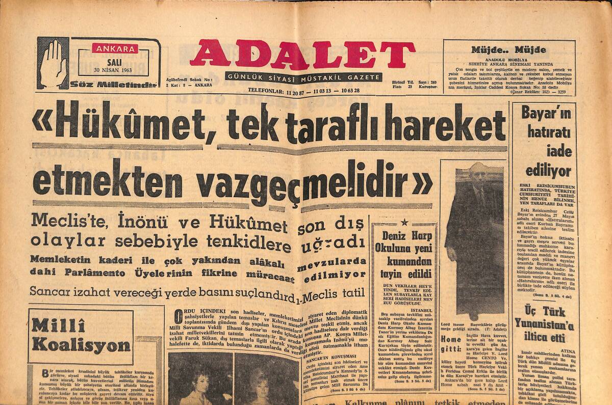 Adalet Gazetesi 30 Nisan 1963 - Celal Bayar'ın Hatırası İade Ediliyor! - 29 Nisan Töreninde Kavga Çıkarıldı! GZ139863 - 1