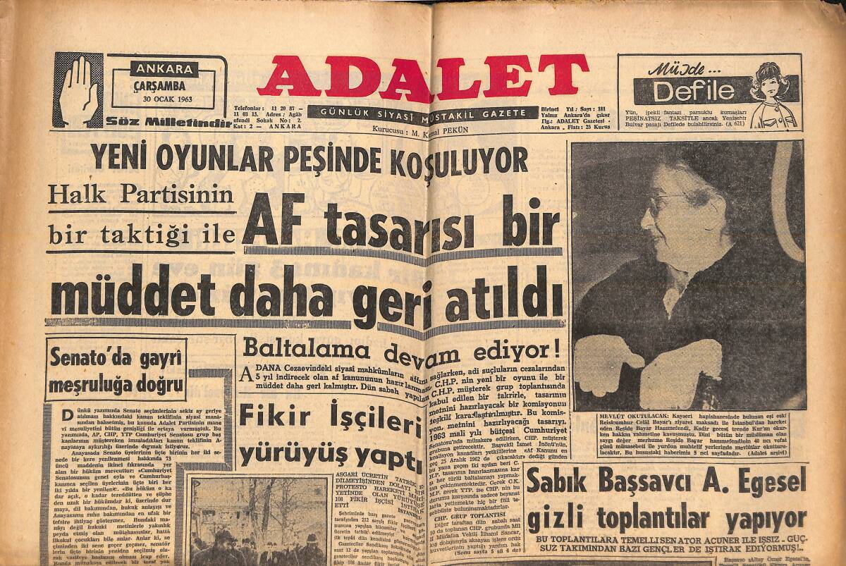 Adalet Gazetesi 30 Ocak 1963 - Fahri Özdilek'in Kızı Evine Döndü - AF Tasarısı Bir Müddet Daha Geri Atıldı - Senato'da Gayri Meşruluğa Doğru GZ138584 - 1