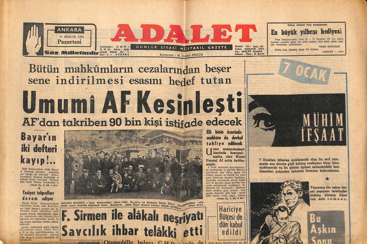 Adalet Gazetesi 31 Aralık 1962 - Umumi AF Kesinleşti - Celal Bayar'ın İki Defteri Kayıp! - Ziyafet Verip Parayı Ödemeyen CHP'LİLER! GZ139910 - 1