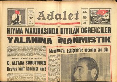 Adalet Gazetesi 31 Mayıs 1965 - Menderesin Eskişehirde Geçirdiği Son Gün GZ109250 - 1