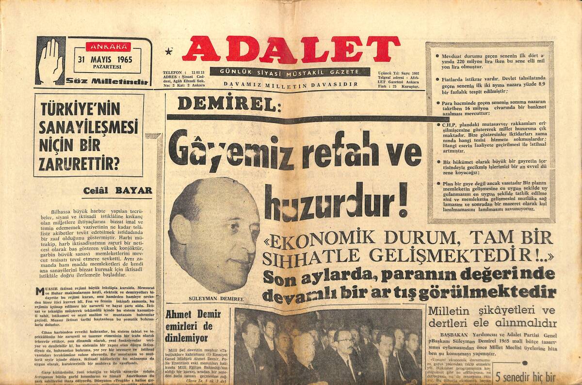 Adalet Gazetesi 31 Mayıs 1965 - Türkiye'nin Sanayileşmesi Niçin Bir Zarurettir? - Dolçe Vitayı Ursula Andress İcat Etmişti - Sophia Loren Mesut Değil GZ139761 - 1