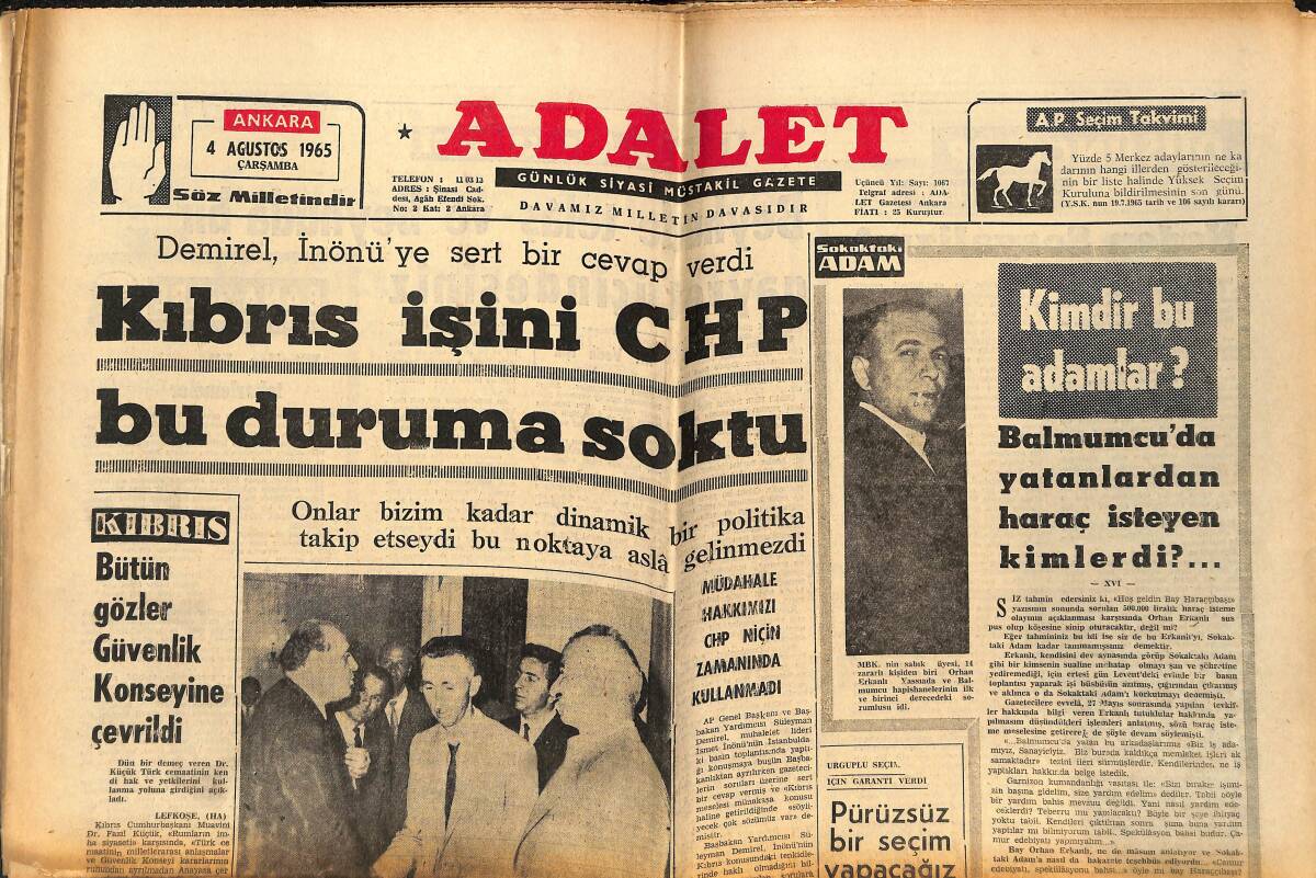 Adalet Gazetesi 4 Ağustos 1965 - Demirel 