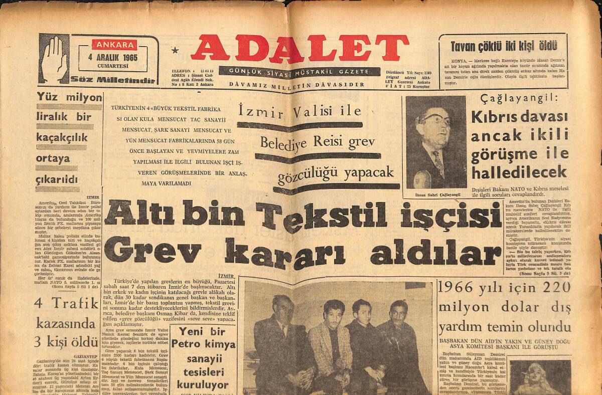 Adalet Gazetesi 4 Aralık 1965 - Jayne Mansfield Dava Açtı - Ayasofya Meselesi - Fenerbahçe Ve Galatasaray 193. Maça Hazır! GZ139572 - 1