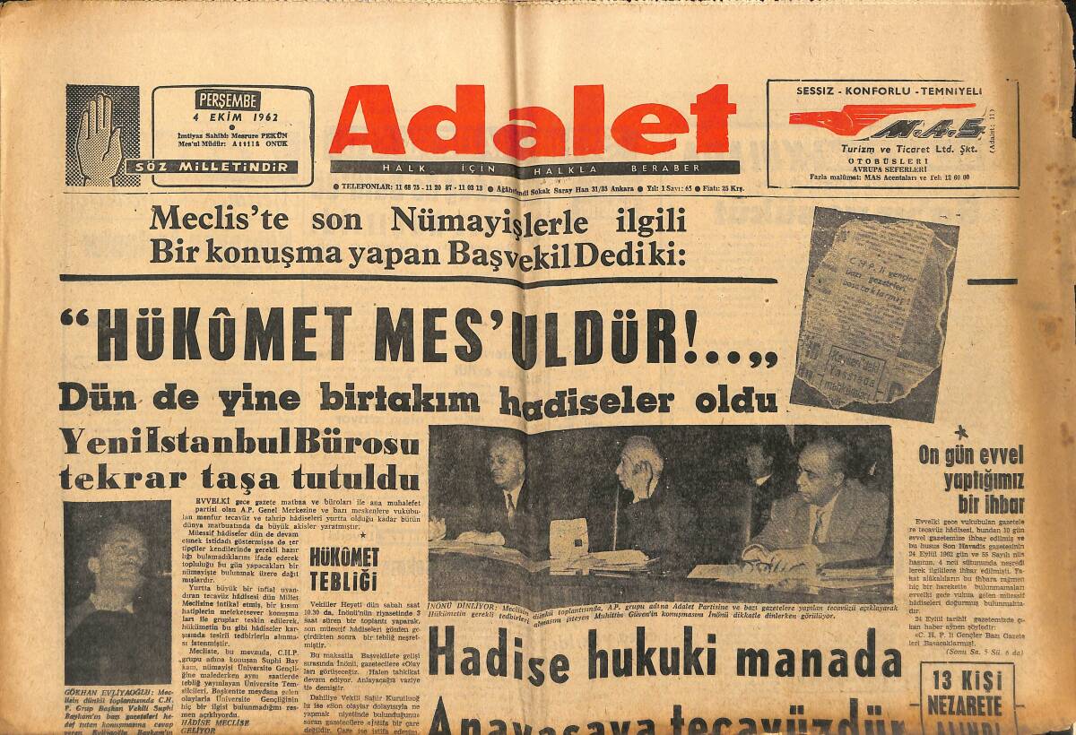 Adalet Gazetesi 4 Ekim 1962 - Üniversite Gençliği Asla Tasvip Etmiyor! - AP Genel İdare Kurulunun Başvekil'e Çektiği Telgraf! GZ139833 - 1