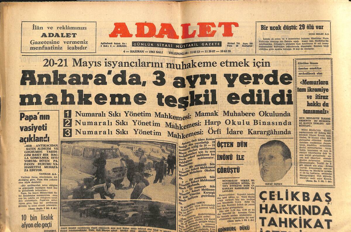 Adalet Gazetesi 4 Haziran 1963 - AP. Onikileri İspata Çağırdı - Rıfat Öçten Dün İsmet İnönü İle Görüştü GZ139858 - 1