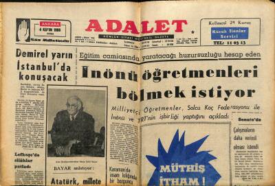 Adalet Gazetesi 4 Kasım 1966 - Urfa Şehri Karanlığa Gömüldü - İnönü Öğretmenleri Bölmek İstiyor GZ121772 - 1