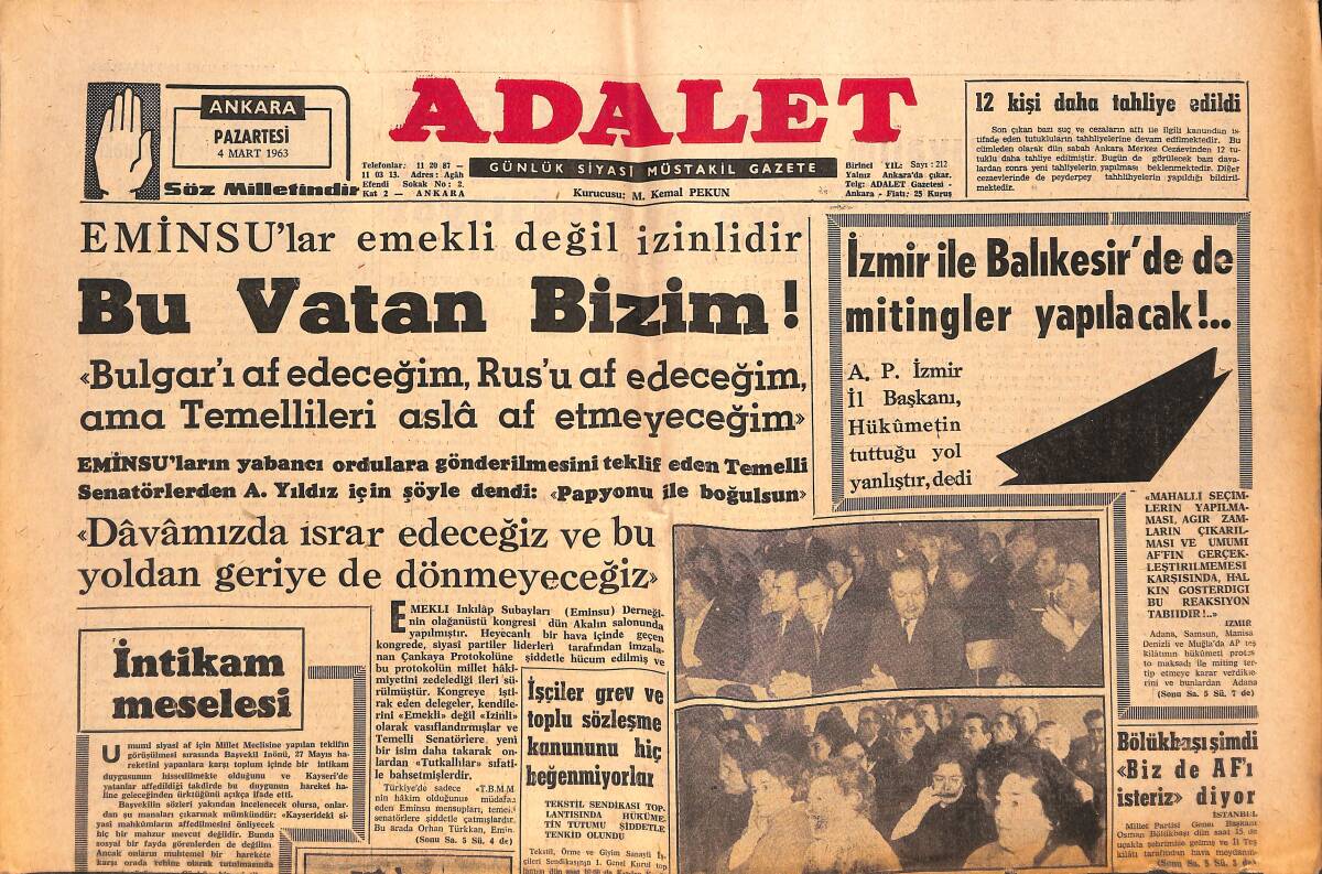 Adalet Gazetesi 4 Mart 1963 - F. Çelikbaş'ın Ortaya Atmış Olduğu İddia İflas Halinde - Suhunet, Bütün Anadolu'da Tekrar 0'ın Altına Düştü! GZ139656 - 1