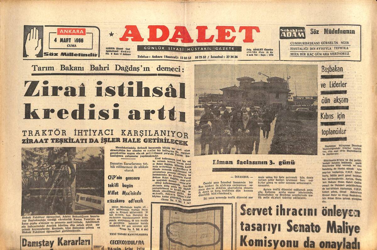Adalet Gazetesi 4 Mart 1966 - Ziraat İstihsal Kredisi Arttı - Başbakanlık Gürsel'in Sağlık Durumu İle İlgili Açıklama Yaptı! GZ139675 - 1