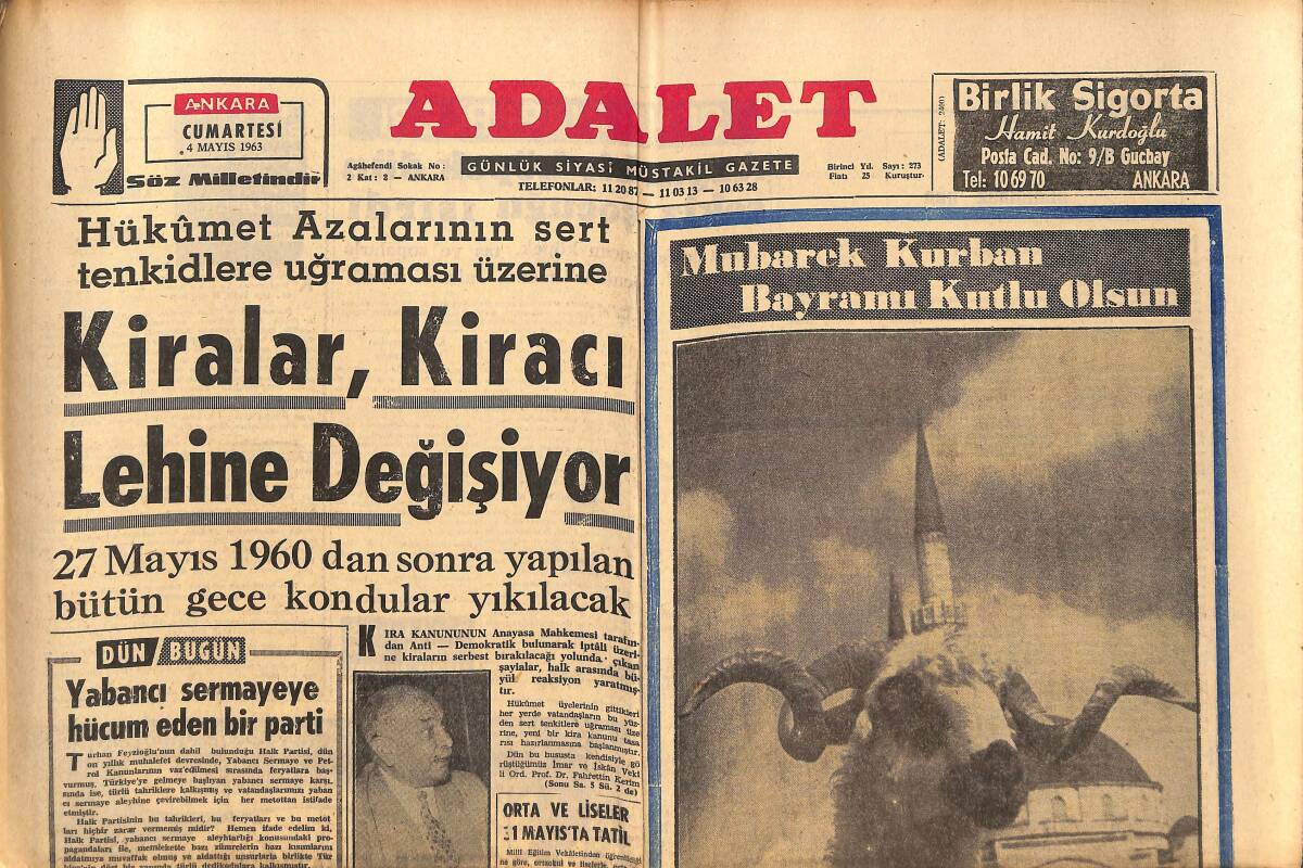 Adalet Gazetesi 4 Mayıs 1963 - İzmir'de 200 Şoför Belediye'yi Protesto İçin Yürüyüş Yaptı - Yabancı Sermaye'ye Hücum Eden Bir Parti GZ139698 - 1