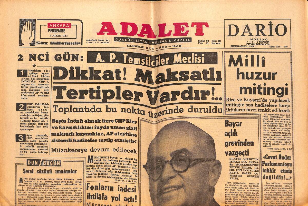 Adalet Gazetesi 4 Nisan 1963 - Suphi Karaman'ın Karısı Bıçaklandı! - Celal Bayar Açlık Grevinden Vazgeçti! - Cevat Önder Parlamento'yu Tahkir Etmemiş GZ139631 - 1