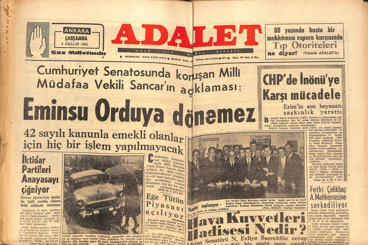 Adalet Gazetesi 5 Aralık 1962 - CHP'de İnönü'y Karşı Mücadele - İşte Jean Paul Belmando - Hava Kuvvetleri Hadisesi Nedir? GZ138583 - 1