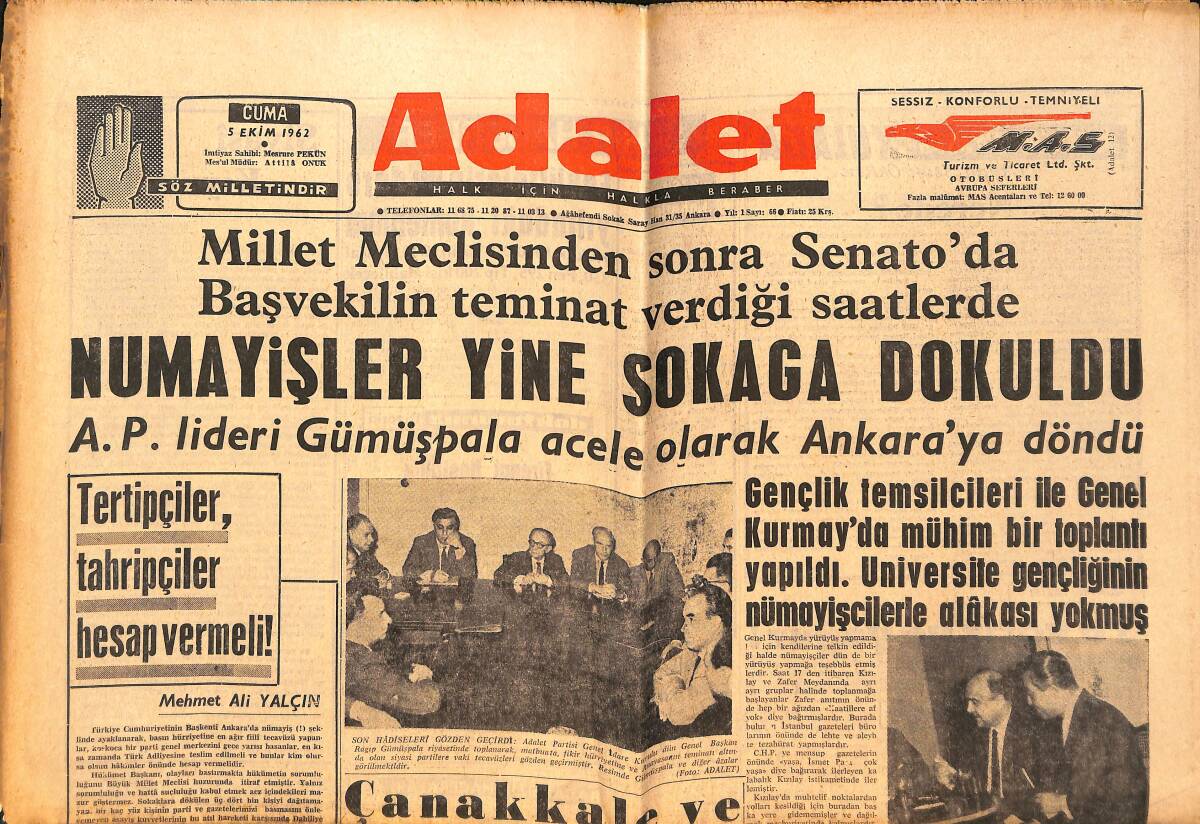 Adalet Gazetesi 5 Ekim 1962 - Numayişler Yine Sokağa Döküldü! - Akşamsettinoğlu Kimdir Ve Ne Yaptı? GZ139670 - 1