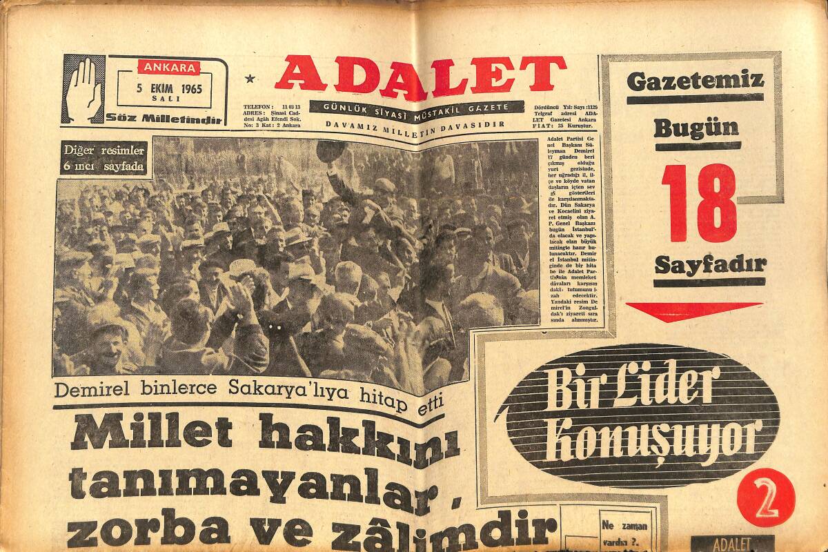 Adalet Gazetesi 5 Ekim 1965 - Demirel Binlerce Sakaryalıya Hitap Etti - Demirel'in Zonguldak Ziyaretinden Resimler GZ139542 - 1