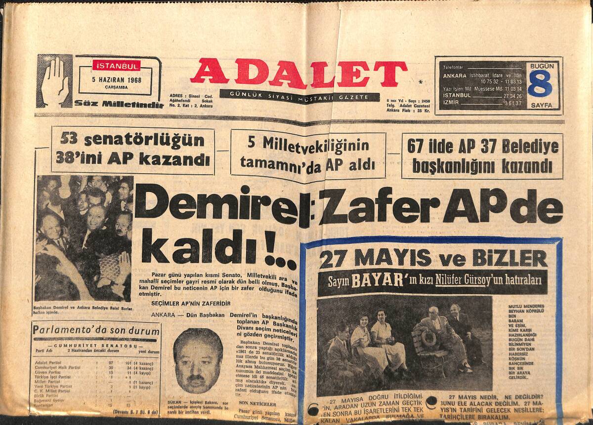 Adalet Gazetesi 5 Haziran 1968 - Süleyman Demirel: Zafer AP'de Kaldı!.. - Fransa'da Gazeteciler Grev İlan Ettiler! GZ139648 - 1