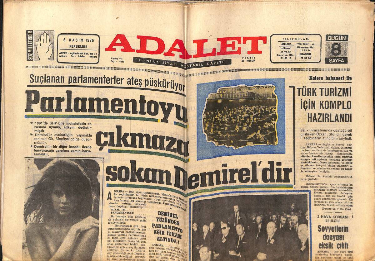 Adalet Gazetesi 5 Kasım 1970 - Demirel Yüzünden Parlamento Ağır İtham Altında - Tevkif Edilen Jane Fonda'ya Kelepçe Takıldı GZ138576 - 1