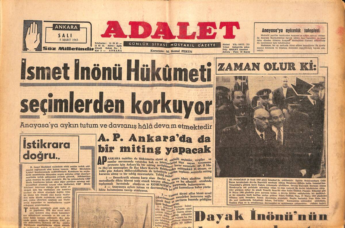 Adalet Gazetesi 5 Mart 1963 - İsmet İnönü Hükümeti Seçimlerden Korkuyor - Dayak İsmet İnönü'nün Devrine Mahsustur! GZ139657 - 1