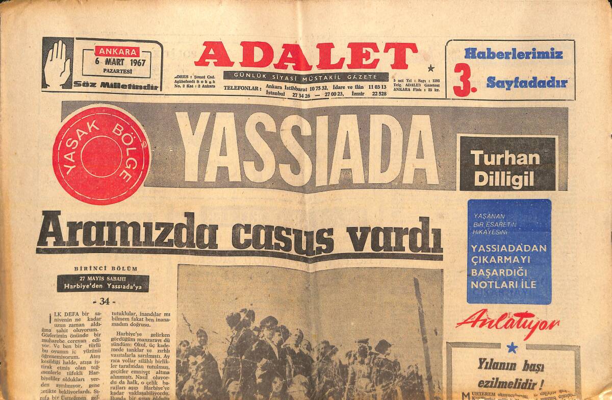 Adalet Gazetesi 5 Mart 1967 - Lolobrigida Brodvay'de Oynayacak - Ursula-Belmondo Aşkı Bitti - İnönü Gözlerini İnatla Kapıyor GZ138593 - 1