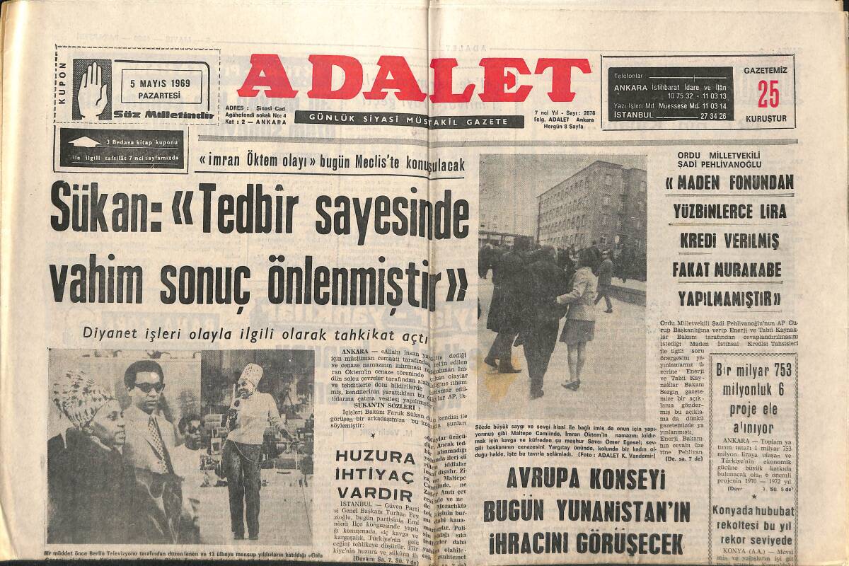 Adalet Gazetesi 5 Mayıs 1969 - İmran Öktem Olayı Bugün Meclis'te Konuşulacak - Aydın'da Portakal Gecesi Muhteşem Oldu! GZ139836 - 1
