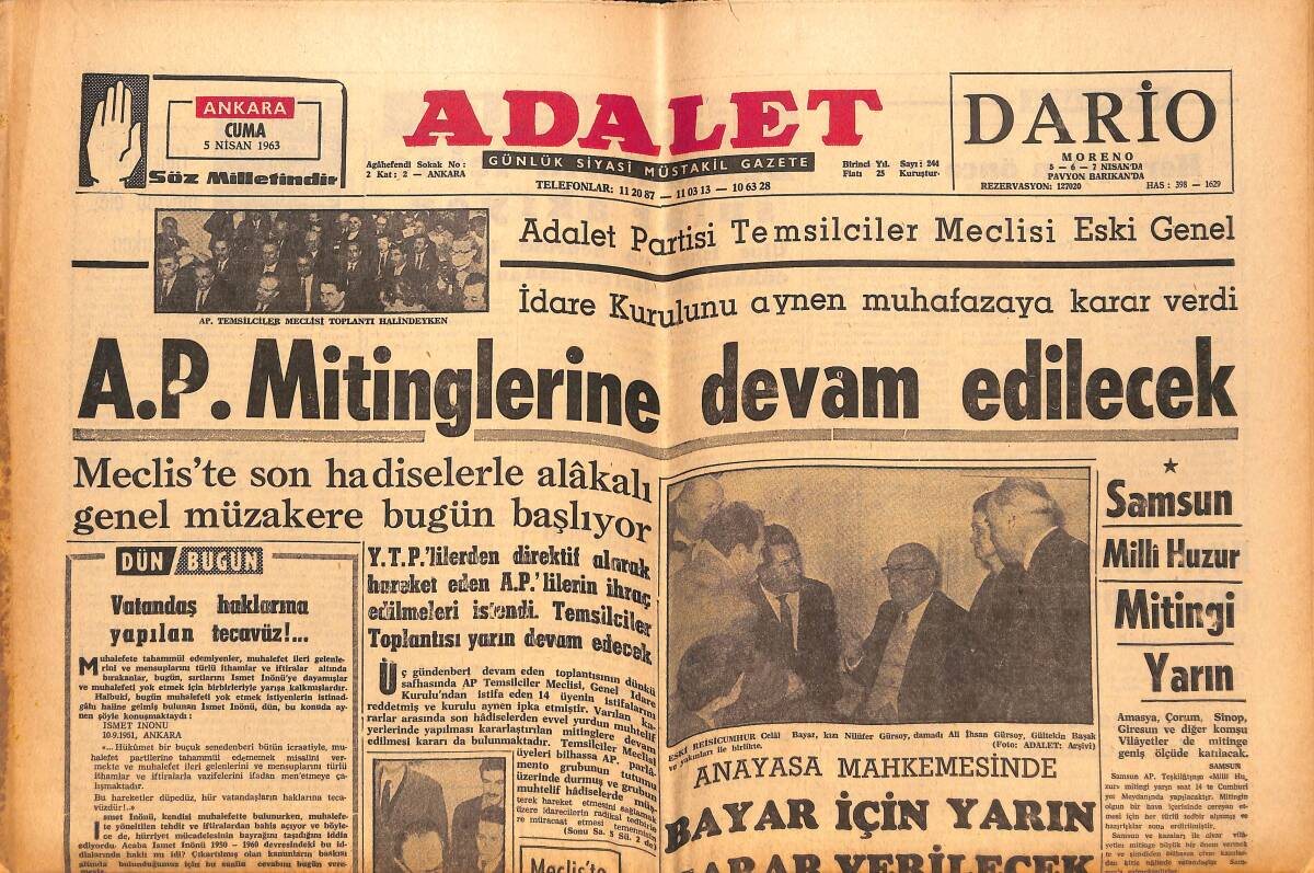 Adalet Gazetesi 5 Nisan 1963 - Celal Bayar İçin Yarın Karar Verilecek! - Samsun Milli Huzur Mitingi Yarın! GZ139633 - 1
