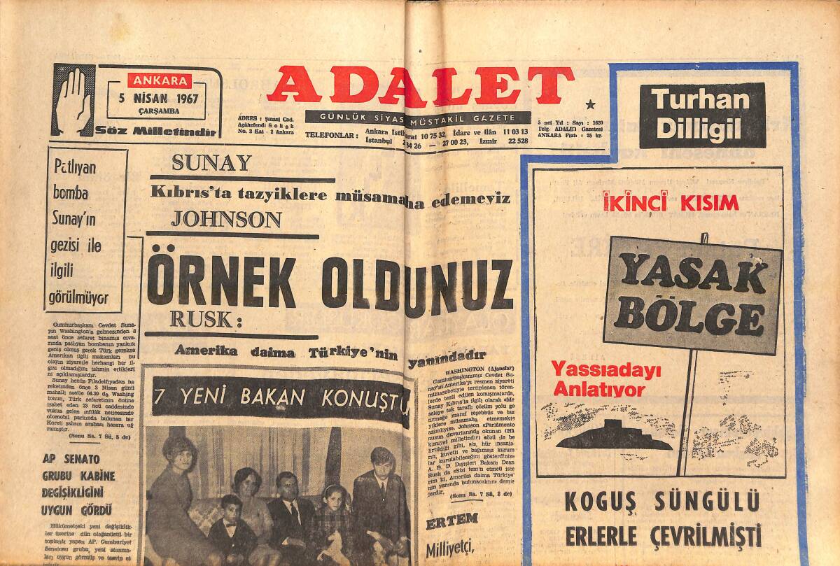 Adalet Gazetesi 5 Nisan 1967 - Galatasaray Kupa İle Avunacak - Rusk: Amerika Daima Türkiye'nin Yanındadır - Bomba Sunay'ın Gezisiyle İlgili Gözükmüyor GZ139517 - 1