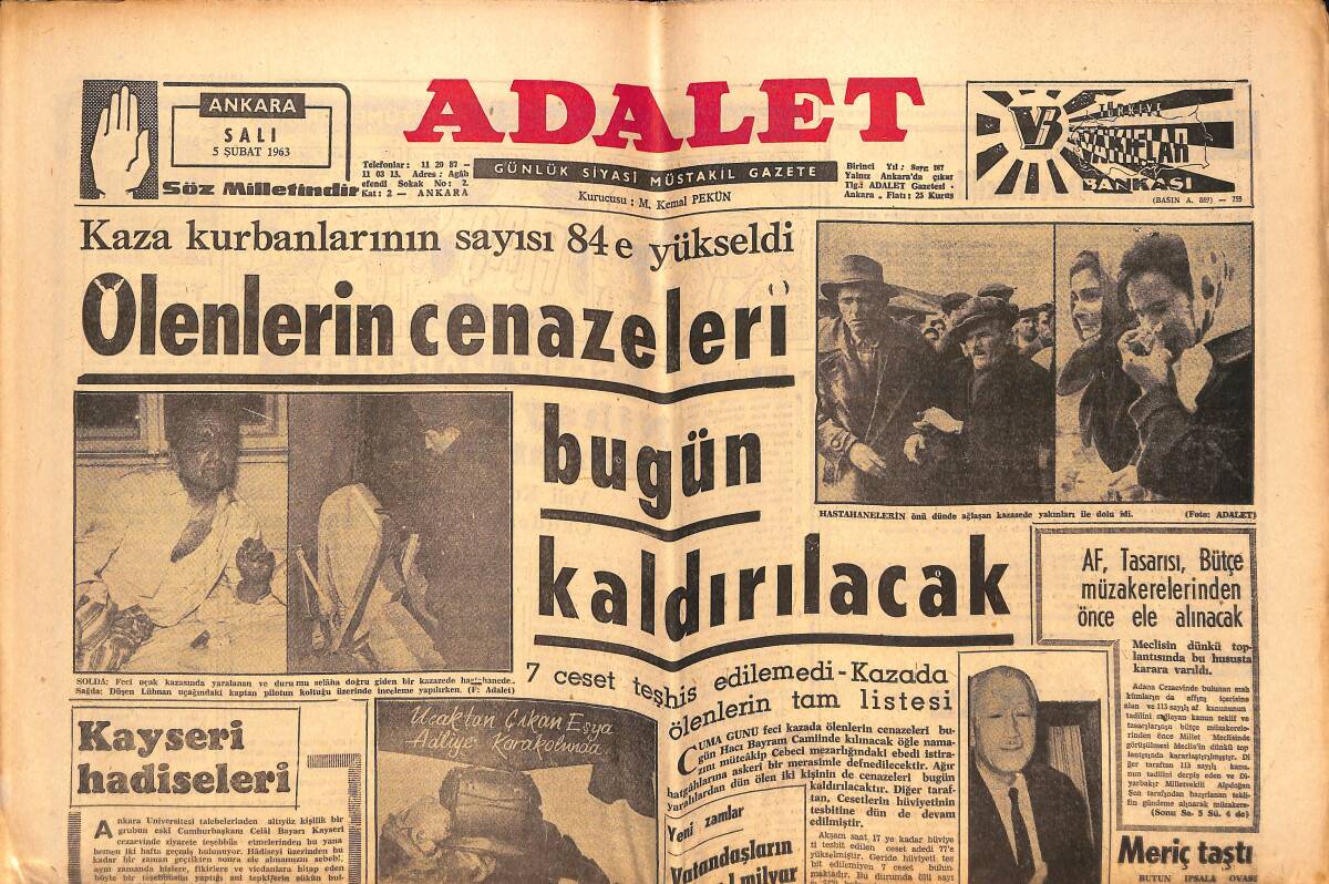 Adalet Gazetesi 5 Şubat 1963 - Başvekil İsmet İnönü, İstikrar Ve Huzur İstemektedir - CHP Ve İblisçe Tertipler! - Kayseri Hadiseleri GZ139635 - 1