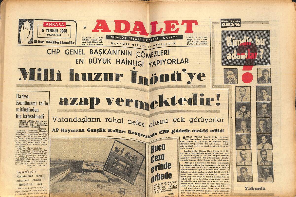 Adalet Gazetesi 5 Temmuz 1965 - Milli Huzur İnönü'ye Azap Vermektedir - CHP'li Belediye Reisi Dini Kitap Satışını Önlemeye Kalkmıştı GZ139564 - 1