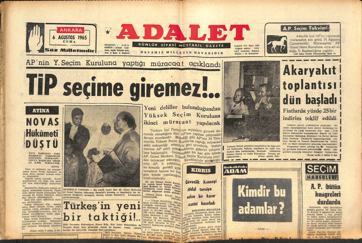 Adalet Gazetesi 6 Ağustos 1965 - CHP Atatürk'ün Vasiyetine Uymuyor - Türkeş'in Yeni Bir Taktiği - Novas Hükümeti Düştü GZ139585 - 1