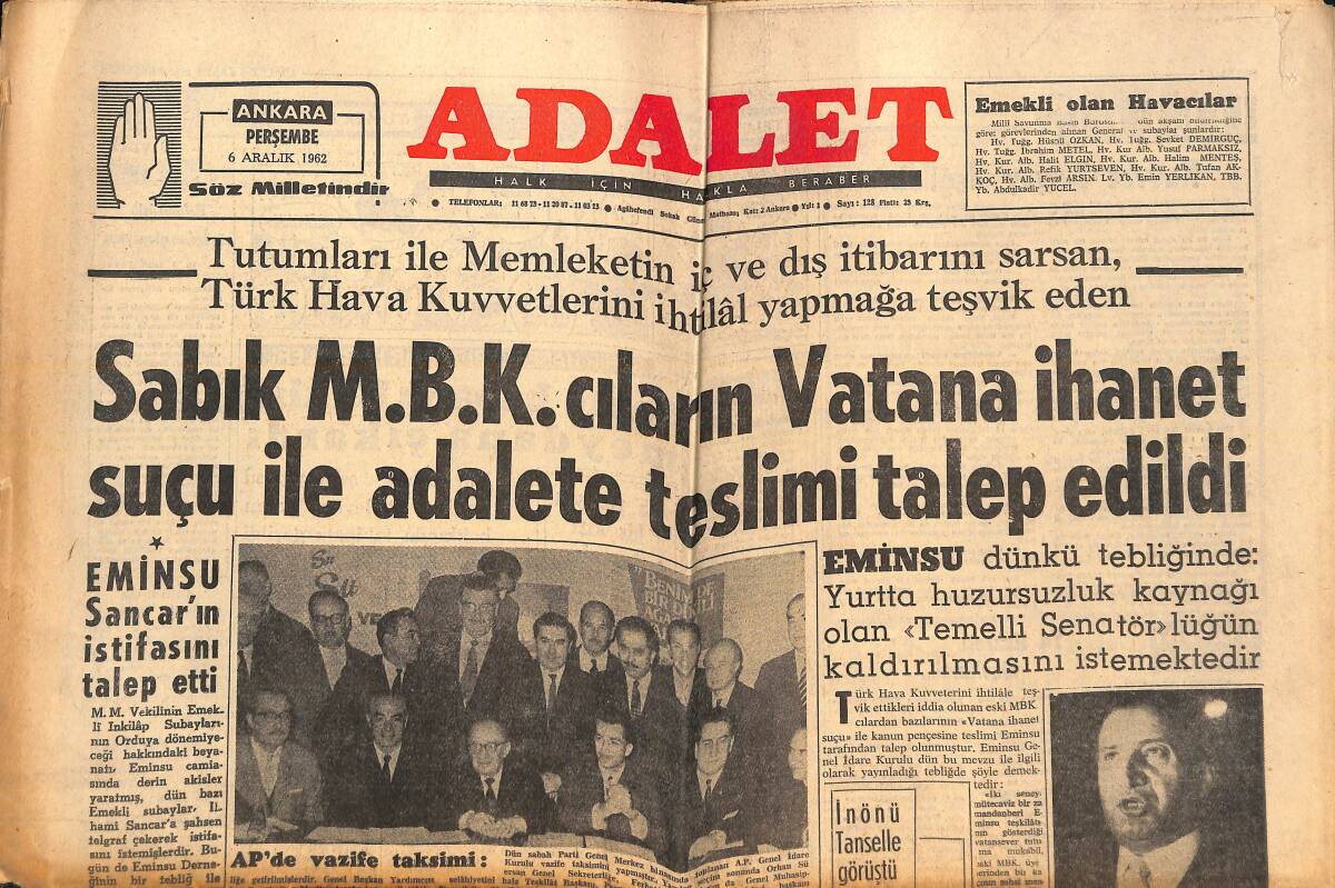 Adalet Gazetesi 6 Aralık 1962 - İnönü Tanselle Görüştü - Nancy Kwan'ın Sırrı - Galatasaraylı Futbolcular!.. GZ138582 - 1