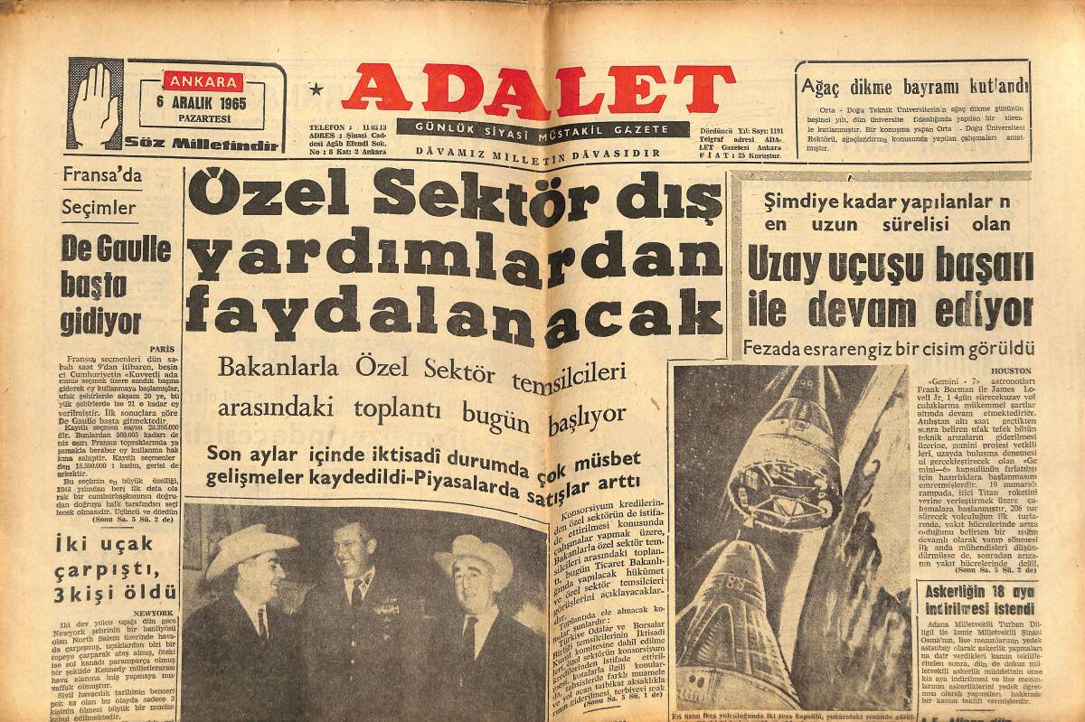 Adalet Gazetesi 6 Aralık 1965 - Şimdiye Kadar Yapılan En Uzun Uzay Uçuşu Başarı İle Devam Ediyor - M. Ali Clay'e Ege Serinofil Derneğinden Kanarya GZ139575 - 1