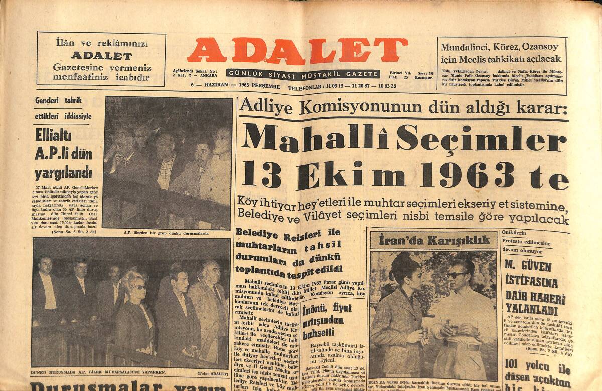 Adalet Gazetesi 6 Haziran 1963 - Ellialtı AP'Lİ Dün Yargılandı - M. Güven İstifasına Dair Haberi Yalanladı GZ139805 - 1