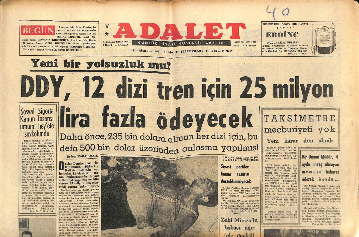 Adalet Gazetesi 6 Mart 1964 - DDY, 12 Dizi Tren İçin 25 Milyon Lira Fazla Ödeyecek! - Kıbrıs: Türk Cemaati Meclis'i Bombaladı! GZ139820 - 1