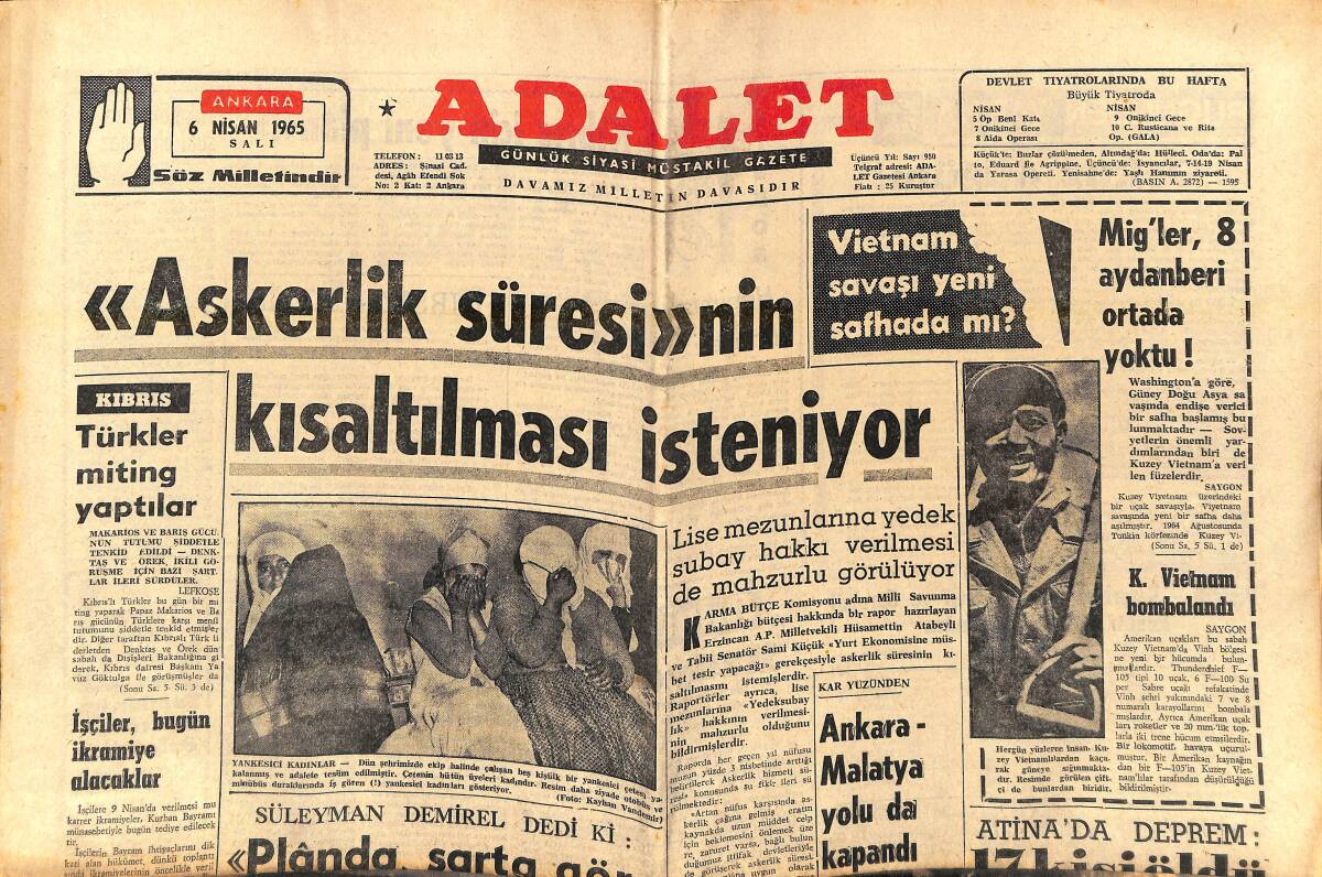 Adalet Gazetesi 6 Nisan 1965 - Kuzey Vietnam Bombalandı - İtalyan Sinemacıları Sophia Loren'i En Başarılı Kadın Sanatkarı Seçti GZ139753 - 1