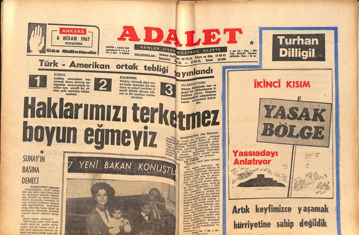 Adalet Gazetesi 6 Nisan 1967 - Türk-Amerikan Ortak Tebliği Yayınlandı - Futbol Federasyonu ve Hakemler Fenerbahçe'yi Koruyor! GZ139518 - 1