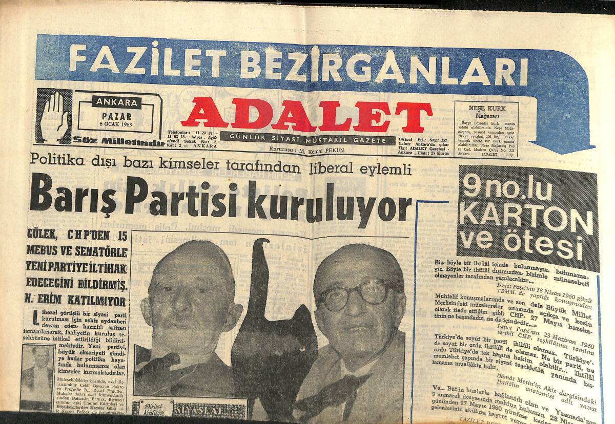 Adalet Gazetesi 6 Ocak 1963 - Barış Partisi Kuruluyor! - Başvekil Cevdet Sunay İyileşiyor! GZ139873 - 1