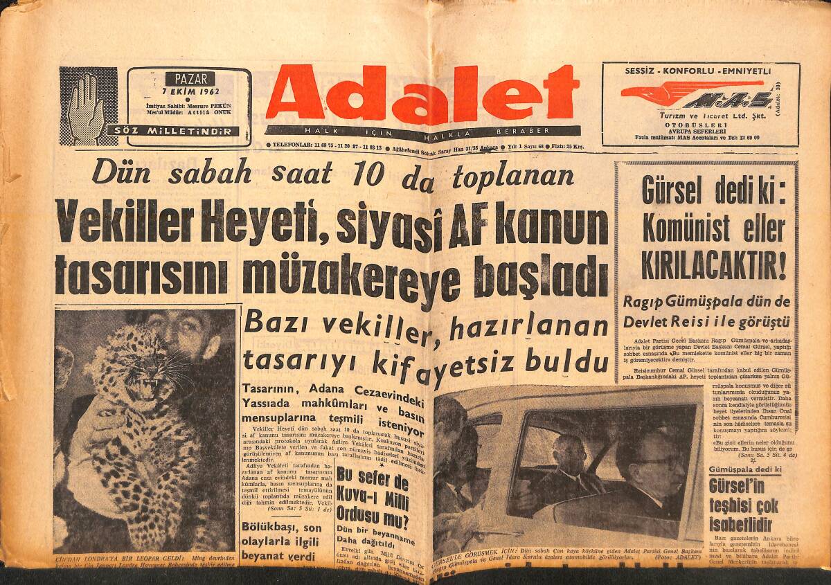 Adalet Gazetesi 7 Ekim 1962 - Cemal Gürsel: Komünist Eller Kırılacaktır! - Sanayi Vekili F. Çelikbaş Derhal İstifa Etmelidir! GZ139630 - 1