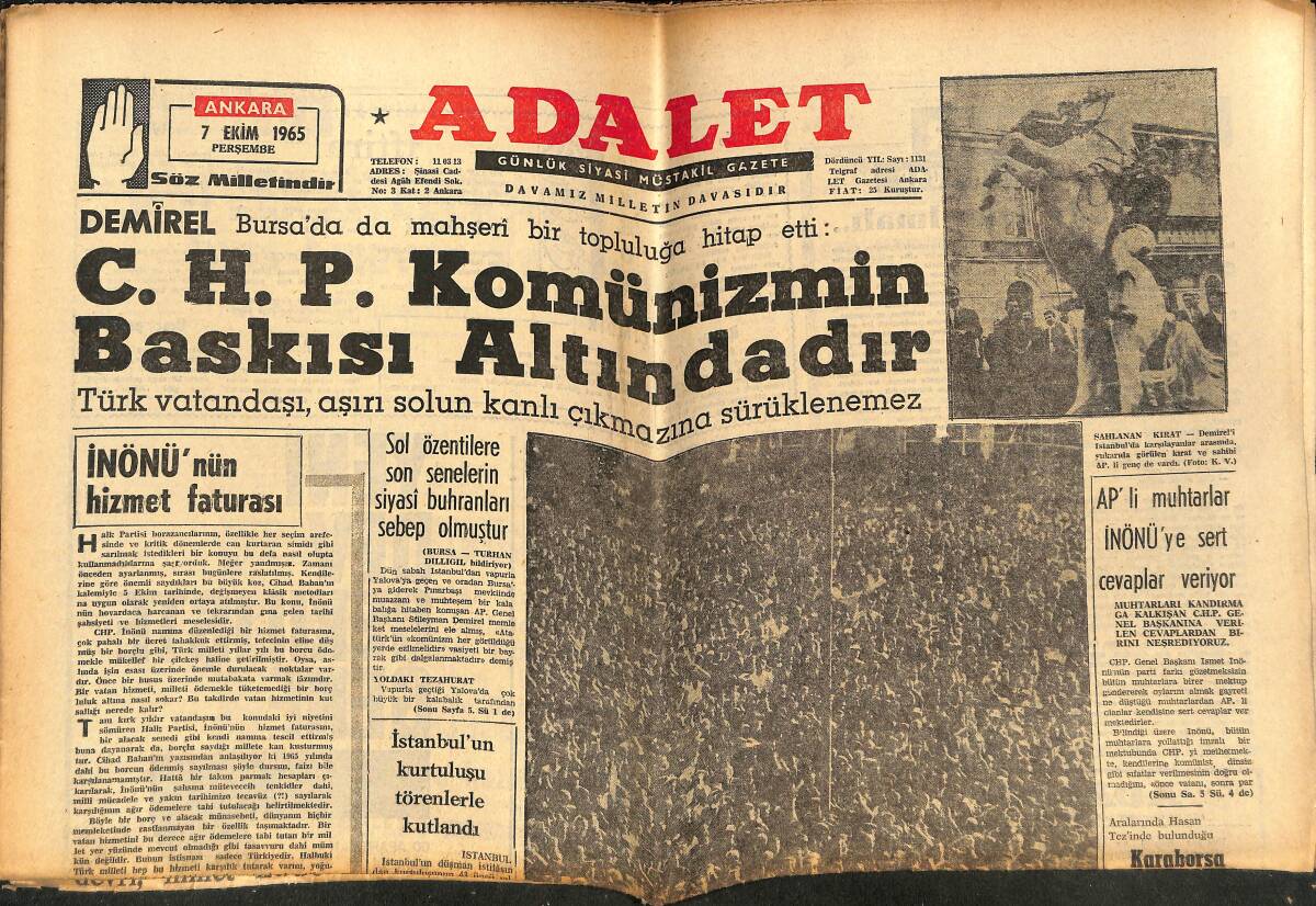 Adalet Gazetesi 7 Ekim 1965 - Demirel 
