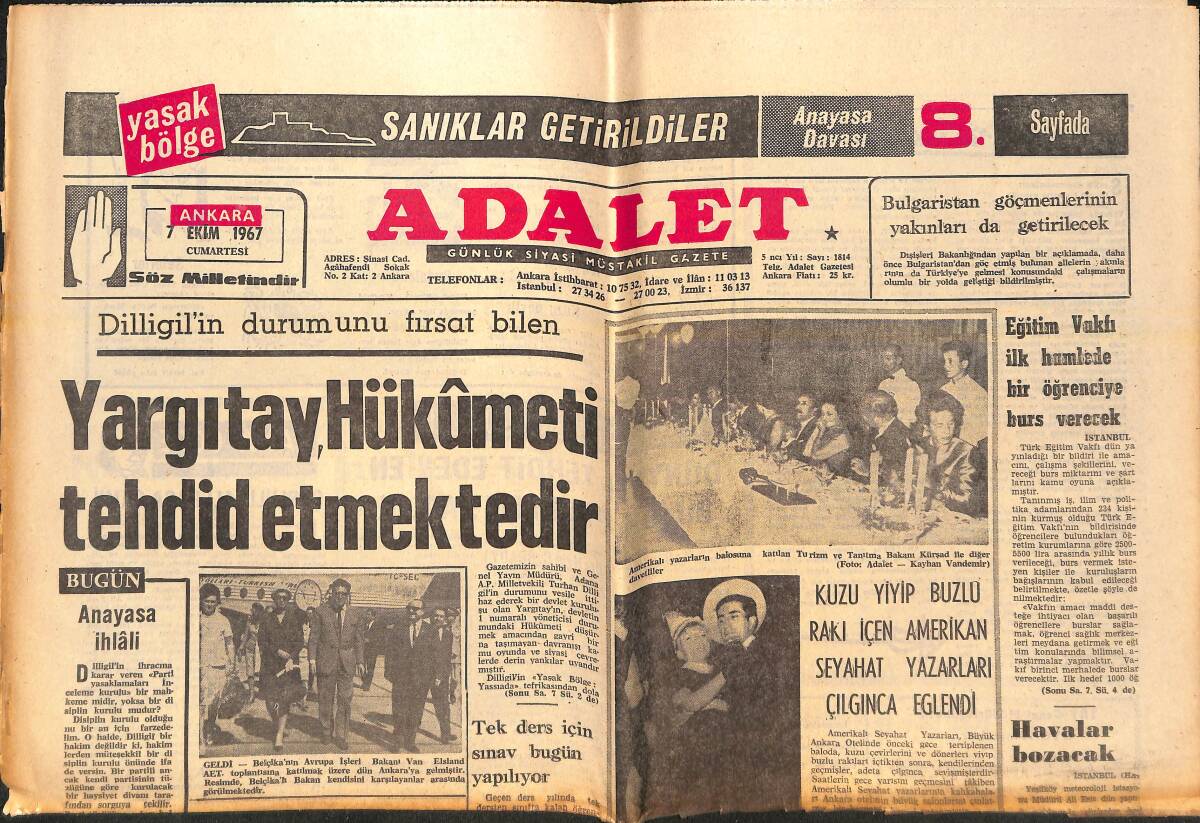 Adalet Gazetesi 7 Ekim 1967 - Yargıtay Hükümeti Tehdit Etmektedir! - Menderes Plağı İçin Savcılık Tahkikat Açtı! GZ139496 - 1