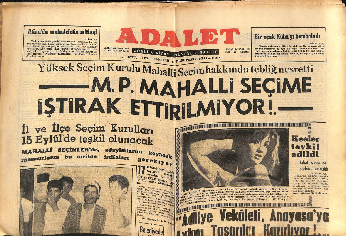 Adalet Gazetesi 7 Eylül 1963 - Satılık Kızlar, Christine Keeler Tevkif Edildi - Ortaçağ Katoliklerinin Zalim Ve Korkunç Zihniyetine Yeni Bir Örnek Nhu GZ139714 - 1