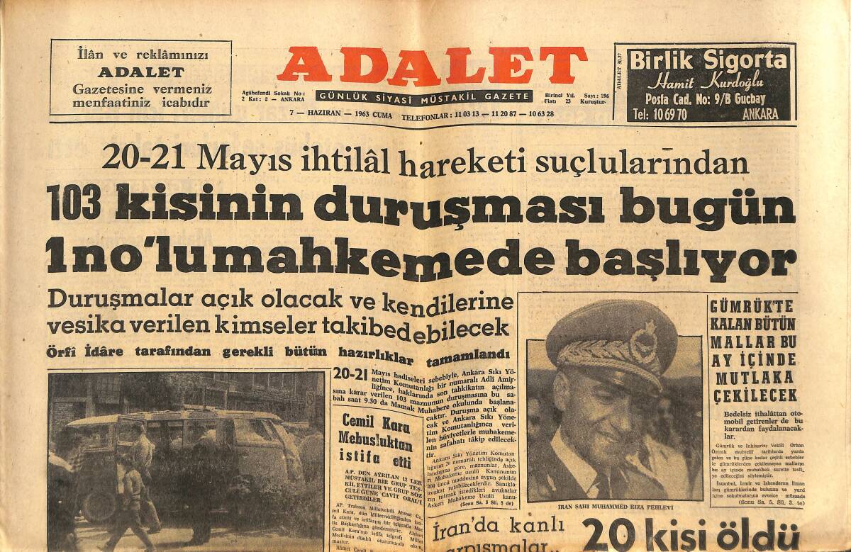 Adalet Gazetesi 7 Haziran 1963 - İran'da Kanlı Çarpışmalar - Hakem Kurulu Lastik İşçilerine Hak Verdi! GZ139804 - 1