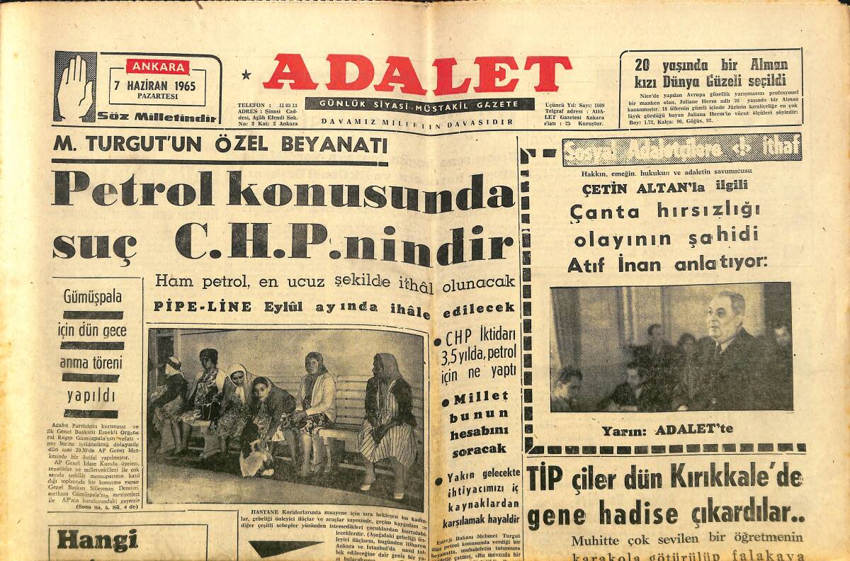 Adalet Gazetesi 7 Haziran 1965 - Çetin Altan'la İlgili Çanta Hırsızlığı Olayının Şahidi Atıf İnan Anlatıyor GZ160454 - 1