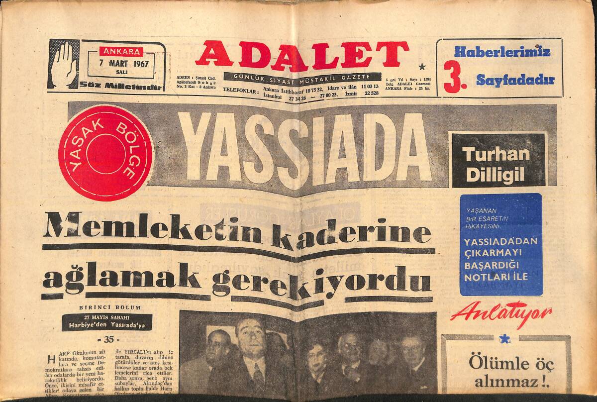 Adalet Gazetesi 7 Mart 1967 - Sahibine Felaket Getiren Elmas - Prenses İra'ya Telgraf Var 