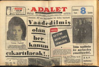 Adalet Gazetesi 7 Mayıs 1966 - Cannes Festivaline Katılan Sophia Loren - Meclis Dün Tapulama Kanununu Kabul Etti GZ121573 - 1