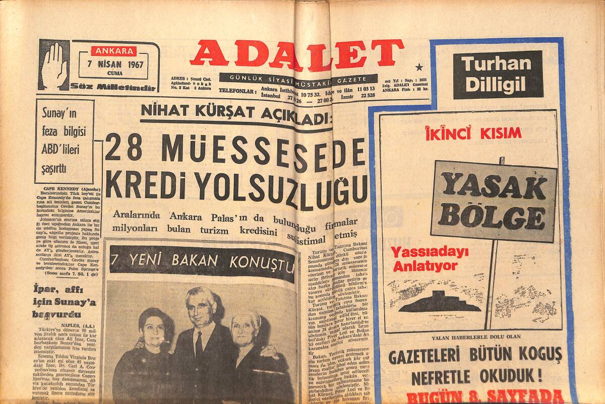 Adalet Gazetesi 7 Nisan 1967 - Baetle'lar Şimdide Gelinlik Giyiyor - Sunay'ın Feza Bilgisi ABD'lileri Şaşırttı - Kara Mehmet 